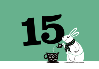 Foto vom Tee Adventkalender Türchen Nummer 15. Auf dem grünem Türchen ist ein Hase beim Tee einschenken zu sehen. | © SONNENTOR