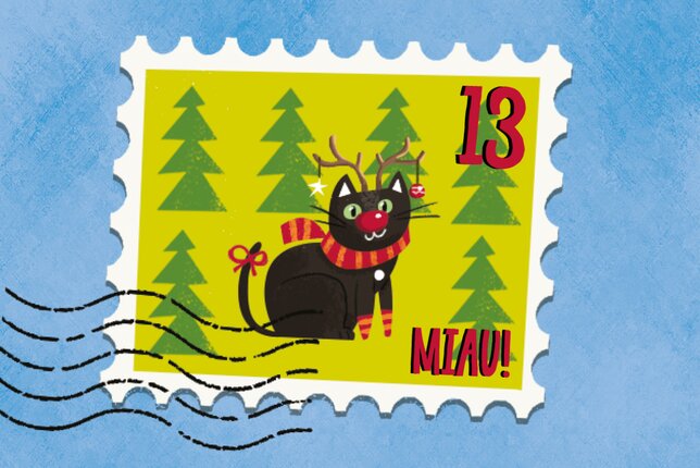 SONNENTOR Gewürzadventkalender - Türchen 13: Eine Illustration mit einer schwarzen Katze die einen Schal und ein Rentiergeweih trägt umgeben von Tannenbäumen! | © SONNENTOR