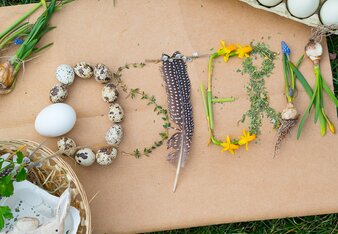 Das Bild zeigt den Schriftzug Ostern, der aus Naturmaterialien wie Wachteleiern, Federn, Blüten und Kräutern zum Thema Ostern gelegt ist. | © SONNENTOR