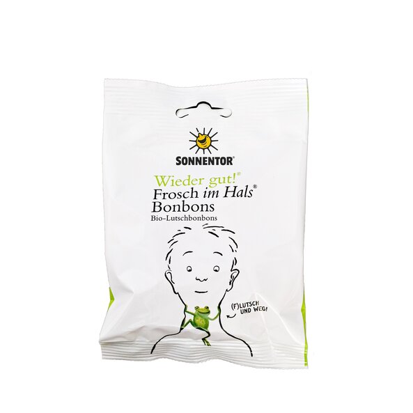 Foto eines Säckchens Frosch im Hals Bonbons. Auf der Packung ist ein Junge mit einem grünem Frosch im hals zu sehen.