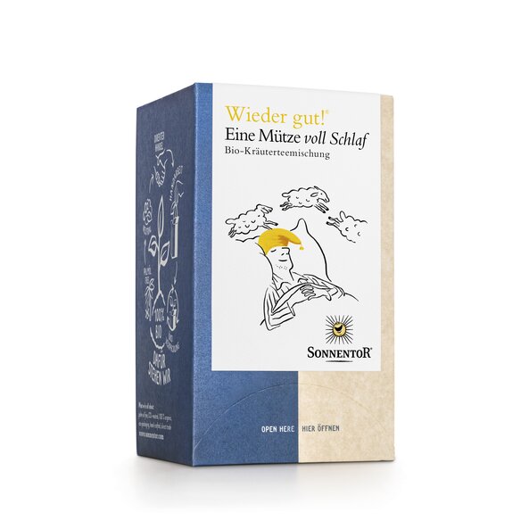 Photo of a pack Sweet Dreams Tea Organic Herbal Tea Blend. On the package is a picture of a sleeping man with a nightcap and above him jumping three sheep.