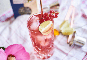 Auf dem Foto sieht man ein Glas mit Vodka-Preiselbeer. Im Hintergrund sieht man eine Packung SONNENTOR Zitronenverbene Tee. | © SONNENTOR