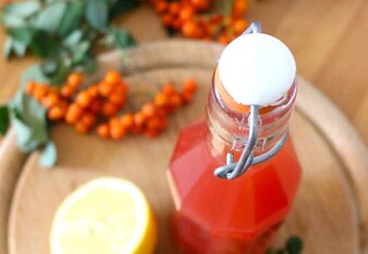 Auf dem Foto sieht man eine Flasche mit Vogelbeerensirup. Daneben sind eine halbe Zitrone und Vogelbeeren zu sehen. | © SONNENTOR