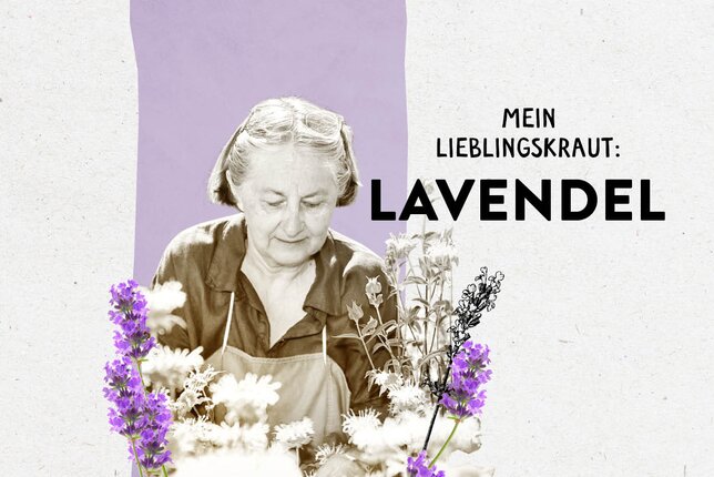 Das Bild zeigt Erkentraud Leisch zwischen einigen Kräutern und den Schriftzug "Mein Lieblingskraut: Lavendel" | © SONNENTOR