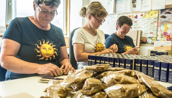 Auf dem Foto sieht man drei SONNENTOR Mitarbeiterinnen beim Verpacken von Gewürzen. | © SONNENTOR